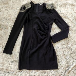 Xtaren‎ Beaded Motif Shoulder Mini Dress Long Sleeve Black and Silver Size Large